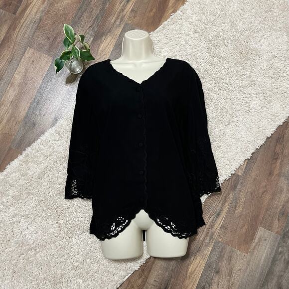 Soft Surroundings Half Moon Bay Embroidered Scallop Boho Button-Up Blouse - Picture 2 of 9